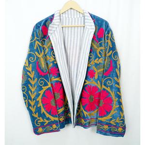 Elegant <b>Woman</b> Suzani Printed Velvet Cotton <b>Jacket</b> with Embroidery Open Stitch Closure Hand Drawn Autumn Standard Outerwear - Product Image 2