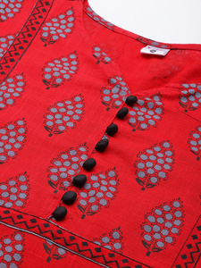 Conjunto de Dos Piezas de Kurti Recto con Estampado Floral de Algodón para Tallas Grandes, Rojo, Informal, Cómodo para el Verano, Largo hasta la Rodilla - Product Image 5