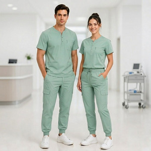 <b>Doctor</b> Scrub Uniform <b>Set</b> Unisex Breathable V Neck Polyester Spandex Cooling Knitted Hospital Use Workwear - Product Image 1