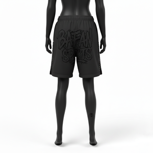 Shorts de baño para mujer premium, 220 GSM, poliéster y spandex, secado rápido, paneles laterales de malla negra, logo con pedrería. - Product Image 2