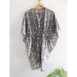 Vestido Maxi Kaftan de Algodón 100% con Estampado Floral, Cuello en V, Manga Murciélago, Hecho a Mano, Estilo Boho, para Playa, Túnica Holgada y Transpirable - Product Image 1