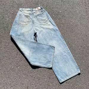 Jean en denim déchiré pour homme, taille mi-haute, coupe large et ample, délavé, style streetwear, respirant, uni, décontracté, été, bleu clair, en coton - Product Image 4