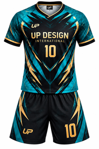 ชุดเสื้อฟุตบอลแบบซับลิเมชั่นสั่งทำพิเศษสำหรับผู้ชาย เสื้อและกางเกงขาสั้น ชุดกีฬาทีม สีดำ เทอล ทอง ขายส่งชุดกีฬาแบบ OEM - Product Image 4