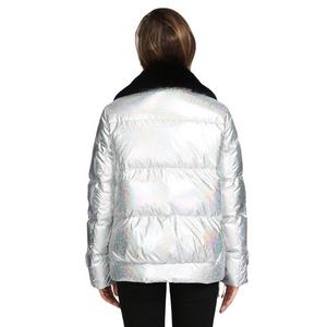 Silver Hooded Puffer <b>Jacket</b> With Faux Fur Lining Zipper Closure Windproof Winter Coat Casual Style Regular Fit - Product Image 6