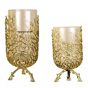 Juego de 2 Jarrones Decorativos para Sala de Estar, Diseño Moderno, Tamaño Personalizado, Acabado Azul Brillante, Elegante Flor Dorada - Product Image 4