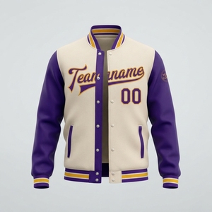 Custom Varsity <b>Jacket</b> <b>Men's</b> Purple <b>Cream</b> Letterman Baseball <b>Jacket</b> with Name Number Embroidered Preppy Style Autumn Wear - Product Image 2