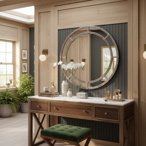 Modern Round Double Ring Wall <b>Mirror</b> with Antique Silver Segmented Frame|Decorative Circular Accent <b>Mirror</b> for Living Room Decor - Product Image 3