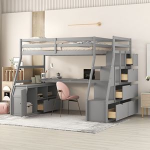 Letto a soppalco matrimoniale con 7 cassetti, 2 ripiani e scrivania in grigio per bambini - Product Image 1