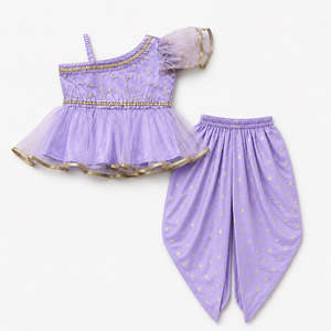 Pakistani & <b>Indian</b> Girls' Embroidered Net <b>Top</b> with Purple Dhoti Sleeveless Design - Product Image 1