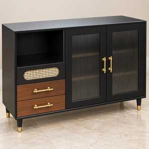 Buffet Modulaire Moderne et Durable avec Portes Vitrées, Tiroirs en Bois, Poignées Dorées et Accents en Rotin – Rangement Élégant pour Salon - Product Image 1