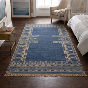 Handmade Blue Kilim Dhurrie Rug-Modern Abstract Flatweave Cushioned Anti-Slip Washable for Home & Travel - Product Image 1