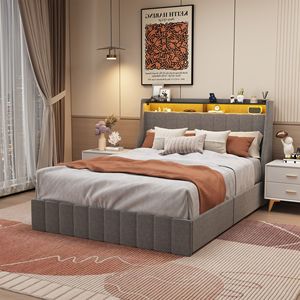Letto matrimoniale grigio chiaro con LED e cassetti contenitore portatili, testiera con ali, letto imbottito - Product Image 1