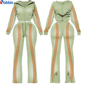 Conjunto Deportivo Personalizado para Mujer, Sudadera con Cierre y Franja Lateral en Contraste, Pantalones Deportivos Acampanados, 2 Piezas, Ropa Deportiva, Estilo Urbano - Product Image 2