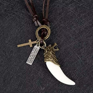 Vintage Alloy Wolf Fang Pendant Necklace 18K Gold Plated XL Adjustable Leather Cord for Men - Product Image 2