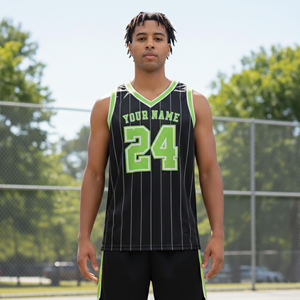 Maillot de basketball personnalisé sublimé pour homme, col en V, sans manches, noir et vert rayé, respirant, 100 % polyester, coupe athlétique - Product Image 1