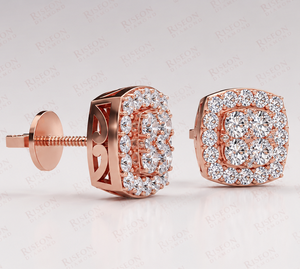 Premium cushion halo diamond <b>stud</b> earrings in 18K rose gold with clustered round center and double halo setting for bold brillia - Product Image 5