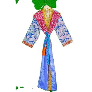 Patchwork pattern Vintage Silk Kimono Japanese Style Indian Silk Kimono Silk Robe Bikini Cover Up Sleepwear Night Wear Dress