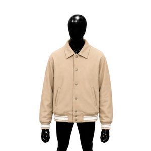 CLASSIC BEIGE VARSITY JACKET FOR MEN Regular Fit Turn-<b>down</b> Collar Single Breasted Solid Color Polyester CLASSIC LETTERMAN SOFT T - Product Image 1