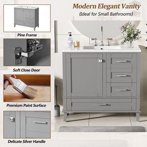 Modern 36\" Bathroom Vanity Storage Cabinet with Solid Pine Frame 1 Soft-Close Door 3 Drawers - Product Image 5