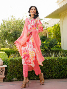 <b>Women</b> Floral Printed Rayon <b>Kurta</b> Set Dupatta Regular Fit Knee-Length Traditional Ethnic Wear Summer Style Quick Dry Wedding - Product Image 3