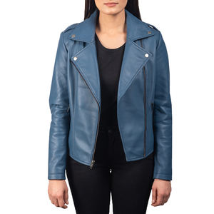 แจ็คเก็ตหนังแท้สีฟ้าสำหรับผู้หญิง พรีเมียม ทรงเข้ารูป ซิปแบบอสมมาตร เหมาะสำหรับฤดูใบไม้ร่วงและฤดูหนาว รับผลิตแบบ OEM ODM - Product Image 3