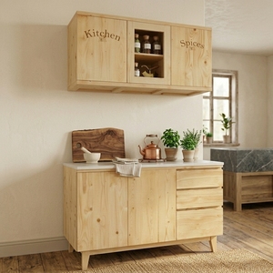 Mueble de Cocina Rústico de Madera Maciza, Gabinete de Especias Montado en la Pared con Puerta de Vidrio, Consola de Almacenamiento con Cajones, Mueble de Despensa - Product Image 3