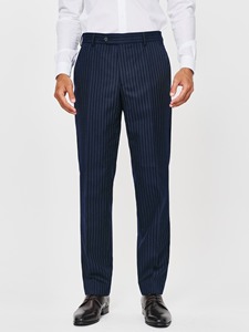Costume pour homme adulte en mélange de laine à fines rayures bleu marine, simple boutonnage, col à revers, style professionnel, infroissable, grande taille, coupe droite - Product Image 3