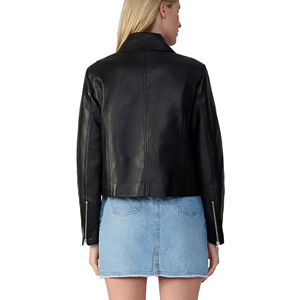 <b>Women</b> Black Genuine Leather <b>Jacket</b> Ladies Slim Fit Biker Moto Style <b>Zip</b>-<b>Up</b> Customized Logo Factory Price Wholesale OEM - Product Image 2