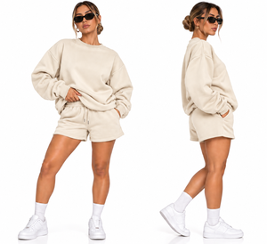 Ensemble sweat-shirt et short oversize pour femme, 2 pièces, ensemble de survêtement décontracté en molleton épais, pull à épaules tombantes, été - Product Image 1