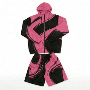 Ensemble de survêtement unisexe doré et noir à motif géométrique, manches longues, capuche, fermeture éclair, poches latérales, séchage rapide, polyester, tenue sportive d'été - Product Image 2