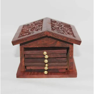 Juego de Posavasos de Madera Hechos a Mano con Forma de Casa, Posavasos Tallados Vintage con Soporte, Decoración de Mesa, Artículo Artesanal Único - Product Image 3