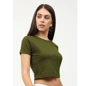 Camiseta Corta Verde Oliva para Mujer, Cuello Redondo, Manga Corta, Color Sólido, Estilo Casual, Primavera-Verano, Tejido de Algodón - Product Image 2