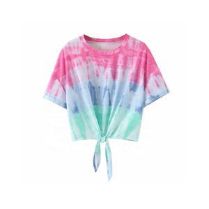 Whole Sale Customized Women <b>Tie</b> <b>Dye</b> Front Knot Cropped T Shirt Casual Summer Regular Fit <b>Top</b> Tee - Product Image 5