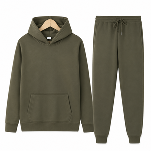 Conjunto Deportivo Unisex con Capucha Color Verde Oliva, Sudadera y Pantalones de Algodón, Color Sólido, Cintura con Cordón, Manga Larga, Ropa de Otoño - Product Image 1