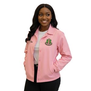 Pink Women Snap Front <b>Jacket</b> with Green Embroidered Crest Long Sleeve Casual Lightweight Coach <b>Jacket</b> Comfortable Everyday Wear - Product Image 1