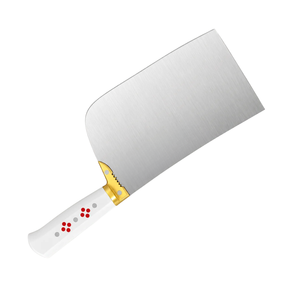 Couteau de boucher en acier inoxydable argenté, manche blanc, design à points rouges, bolster doré, lame large, pour hacher la viande en cuisine - Product Image 3