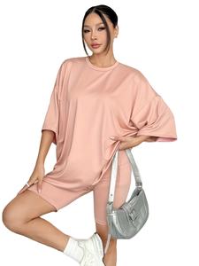 Conjunto Deportivo Informal Cómodo para Uso Diario, Pantalones Cortos hasta la Rodilla con Bolsillos Laterales, Cuello Holgado, Mangas Cortas, 100% Algodón Transpirable - Product Image 5