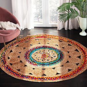 Alfombra Redonda de Yute con Patrón de Mandala Colorido, Ecológica, con Detalles Trenzados de Arcoíris, para Decoración Bohemia, Festiva o Rústica - Product Image 3