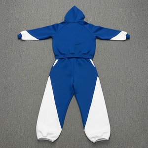 Ensemble sweat à capuche streetwear homme bleu et blanc color block, décontracté, pour l'hiver, 100% coton FRENCH TERRY, respirant, tricoté - Product Image 2