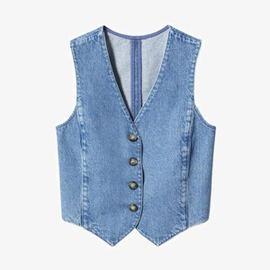 Chaleco vaquero lavado OEM para mujer con cuello puntiagudo, suministro al por mayor para boutiques independientes de ropa vaquera - Product Image 2