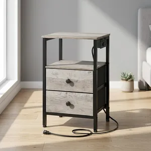 Mesa Auxiliar Industrial de Madera con Estructura Metálica, 2 Cajones, Estante de Almacenamiento, Toma de Corriente, Mueble para Sala de Estar - Product Image 6