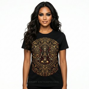 T-shirt graphique Déesse aztèque pour femme, imprimé crâne tribal ethnique, style feuille d'or, vêtements esthétiques personnalisés, fabricant en gros - Product Image 1