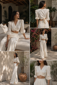 Ensemble de vacances deux pièces de qualité supérieure - Blouse élégante à manches bouffantes style bohème en lin/coton respirant et écologique - Product Image 4