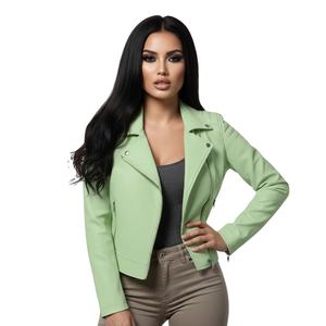 Veste de moto en cuir vert clair de haute qualité pour femmes, sur mesure, vente en gros, prix d'usine, style motard authentique, manteau pour femmes - Product Image 1