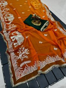 Sari Moderno de Chinon Suave con Hermoso Trabajo de Cintas para Fiesta de Diwali o Baile de Graduación - Product Image 4