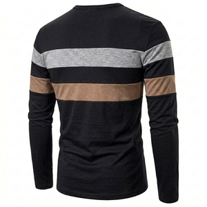 Mens Black Henley Shirt Long Sleeve Color Block T Shirts Fashion Striped Cut Sew Cotton Knit Casual Pullover Tee Shirts - Product Image 3