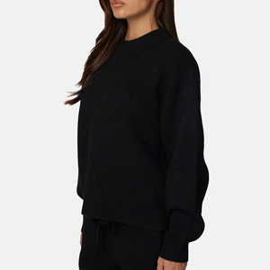 Pull en tricot à col rond surdimensionné pour femmes, noir uni, épaules tombantes, manches longues, vêtements d'hiver - Product Image 5