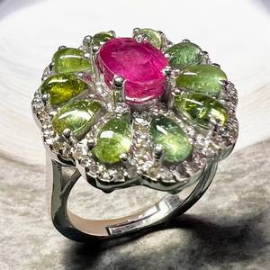 Flower Shape Ruby Cocktail <b>Ring</b> with <b>Green</b> Gemstones Prong Setting Rhodium Plated Minimalist 925 Silver Women's Luxury Jewelry - Product Image 1