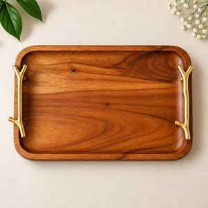 Bandeja de Servir de Madera de Acacia con Asas de Latón |   Bandeja Rectangular de Madera para Desayuno, Bebidas, Aperitivos, Hogar, Hotel, Restaurante - Product Image 1