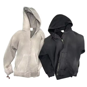 Sudadera con capucha y cremallera completa para hombre, estilo oversize con hombros caídos, lavado ácido personalizado, beige y negro, estilo vintage, streetwear - Product Image 1